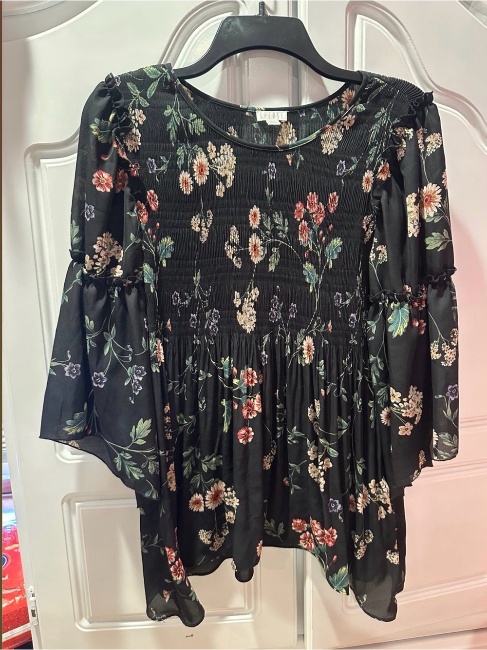 Spense Women’s Floral Peasant Blouse Size Small Black Boho Bell Sleeve Top